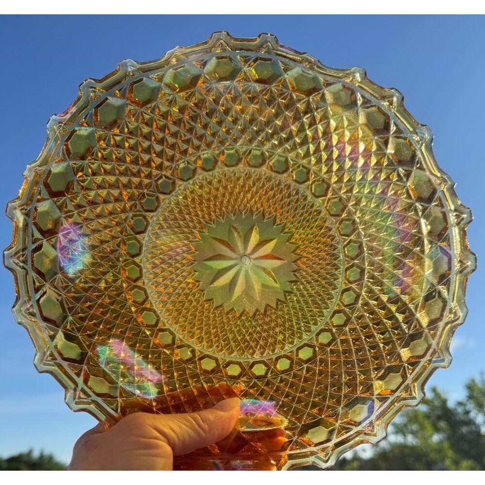 Vintage Indiana Glass Crimped Hostess Plate Gold Marigold Iridescent USA 70s 10"